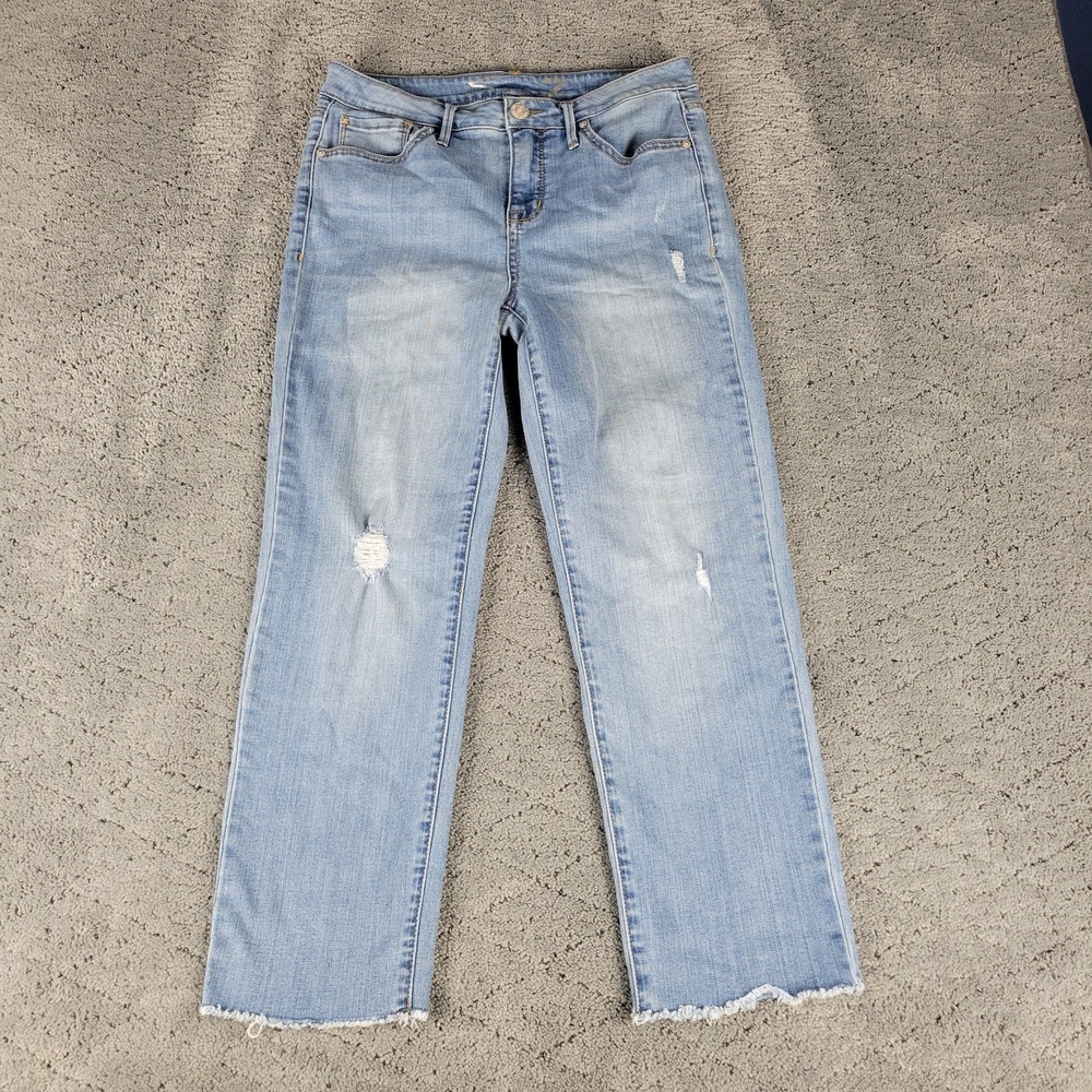 Seven7 Jeans Womens 4 Blue Tower Straight Crop Distressed Raw Hem Stretch Denim